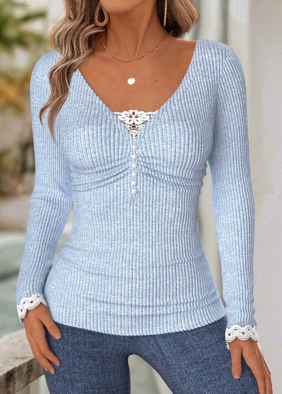 Modlily Light Blue Long Sleeve V Neck T Shirt - L