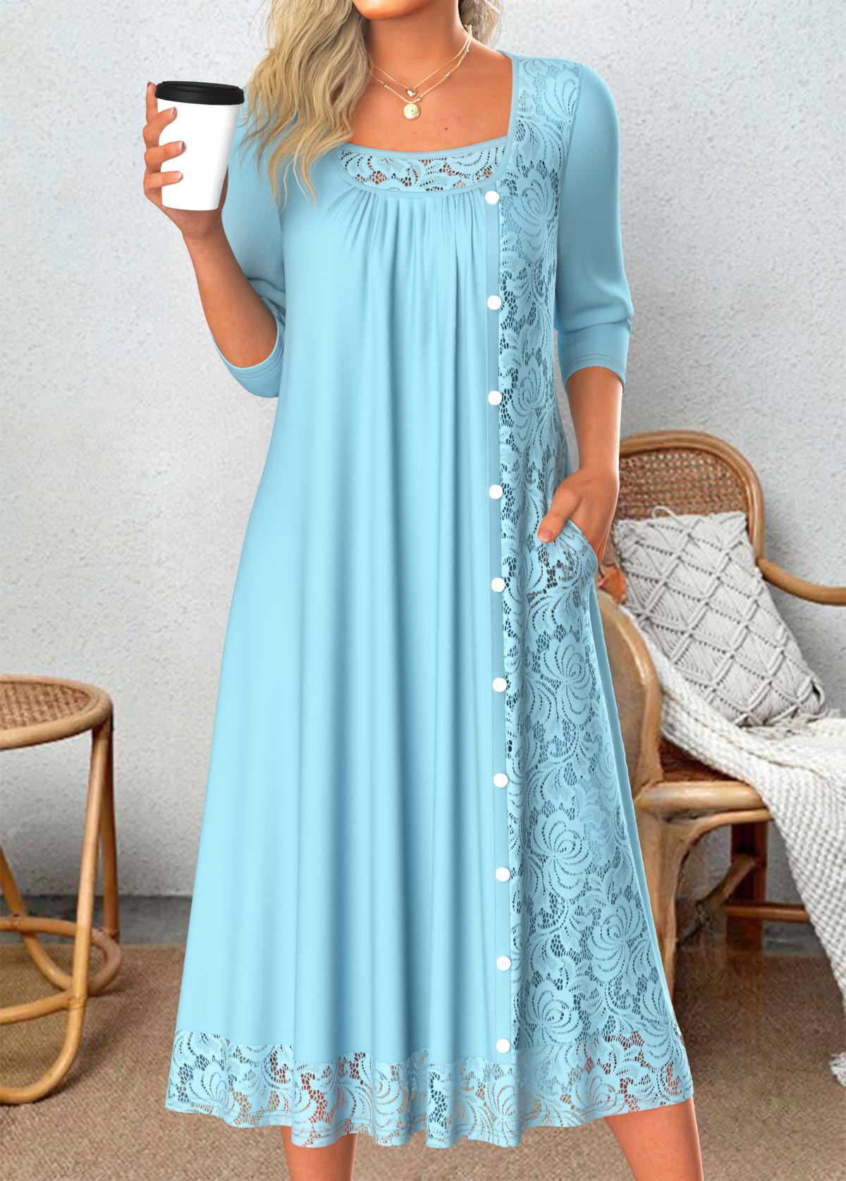 Modlily Light Blue Patchwork A Line 3/4 Sleeve Dress - M