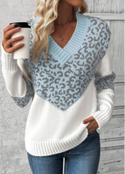 Modlily Light Blue Patchwork Leopard Long Sleeve V Neck Sweater - M