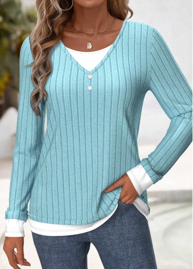 Modlily Light Blue Patchwork Long Sleeve Round Neck Blouse - M