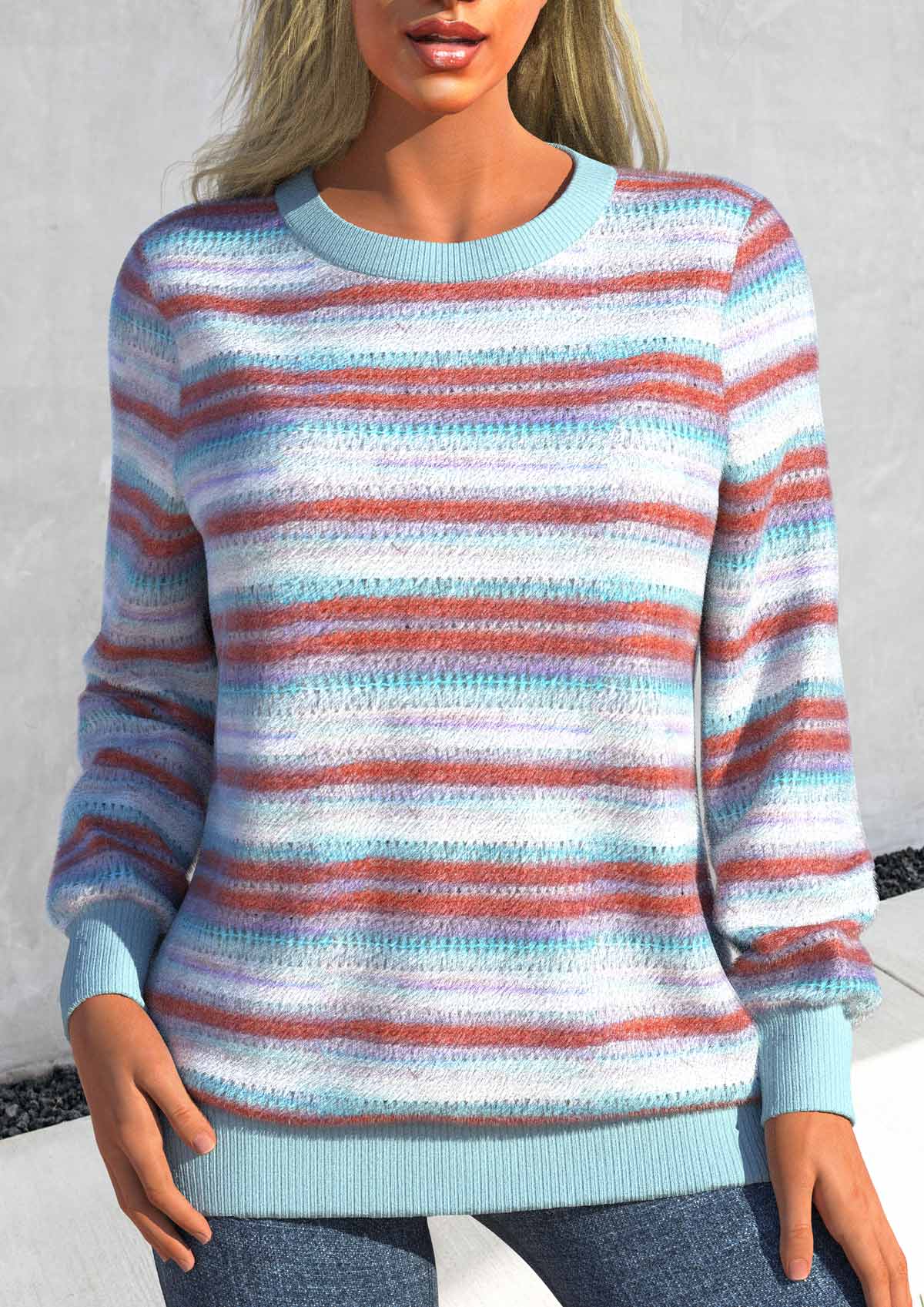Modlily Light Blue Patchwork Long Sleeve Round Neck Sweatshirt - S