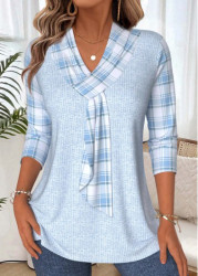 Modlily Light Blue Plaid 3/4 Sleeve V Neck T Shirt - M