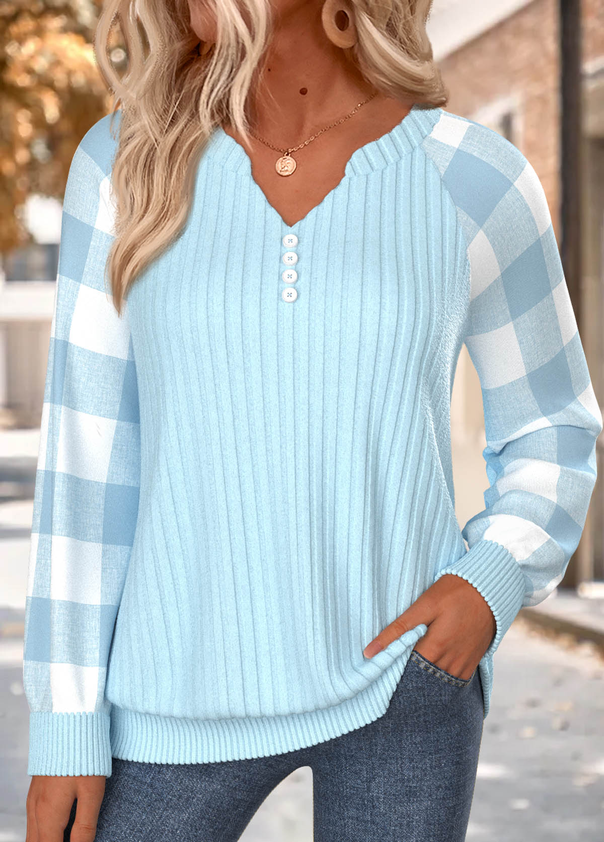 Modlily Light Blue Plaid Button Long Sleeve Split Neck Sweatshirt - S