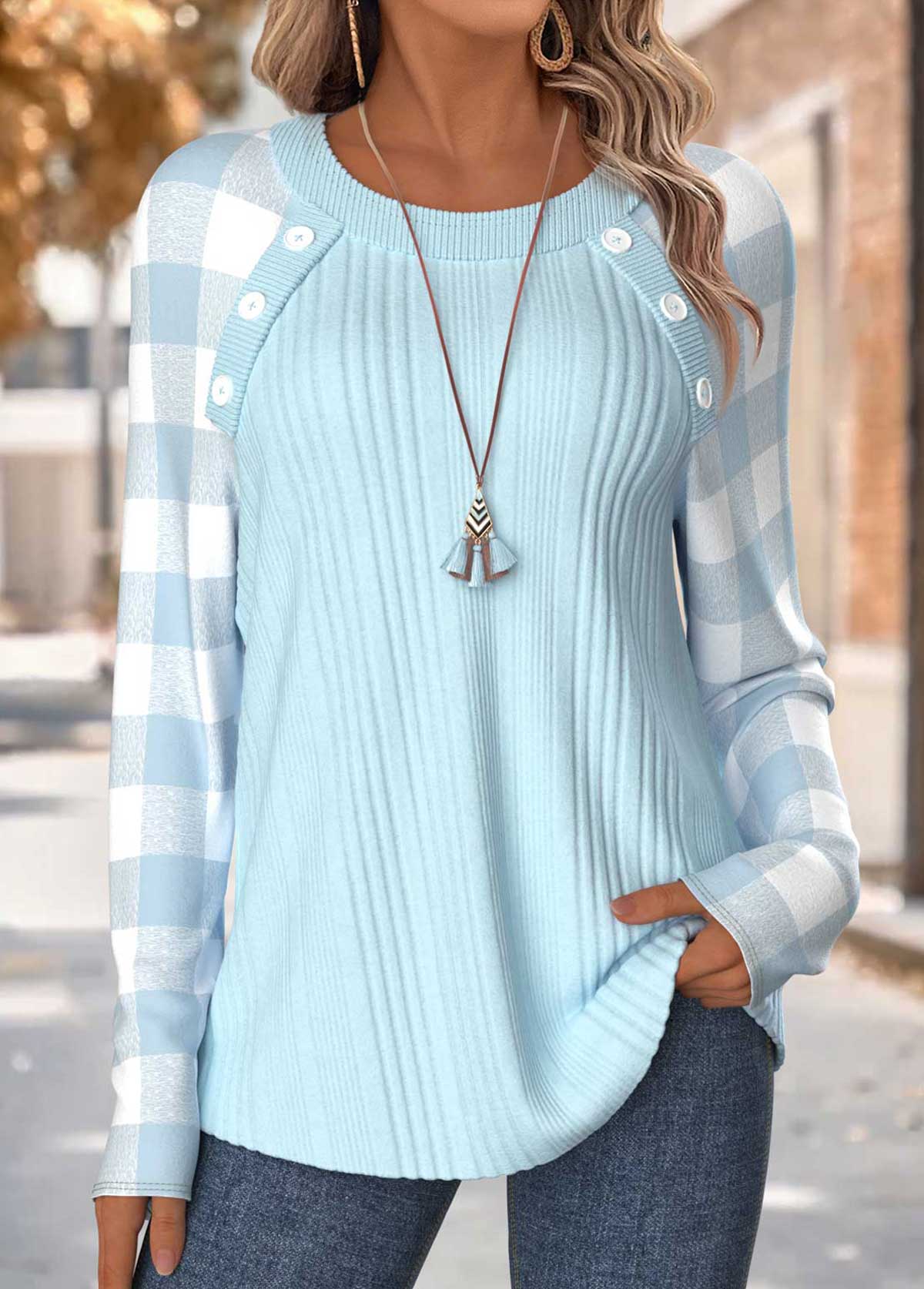 Modlily Light Blue Plaid Long Sleeve Round Neck T Shirt - M
