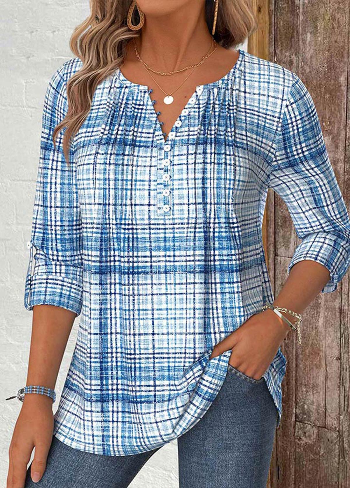 Modlily Light Blue Plaid Long Sleeve Split Neck Shirt - M
