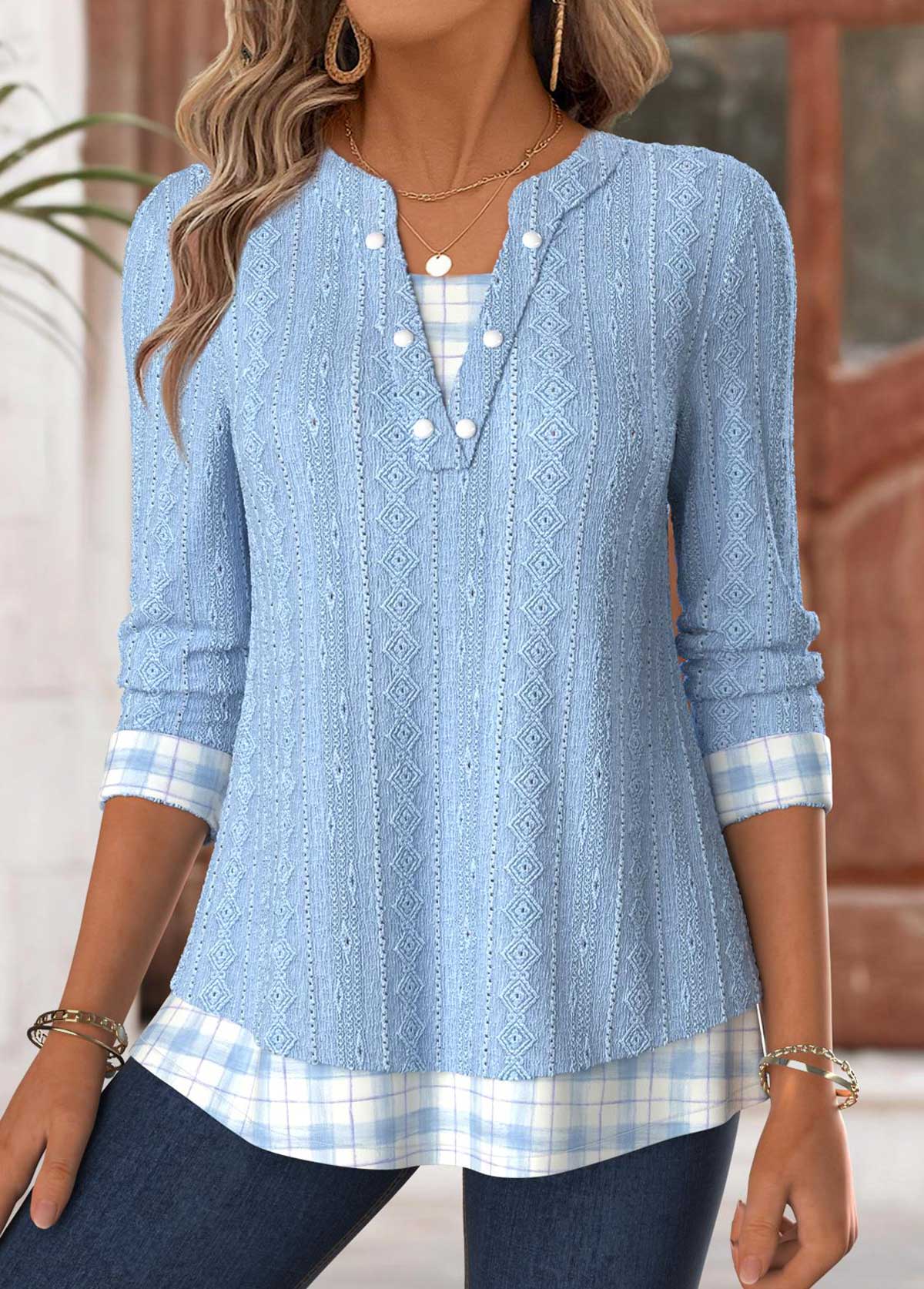 Modlily Light Blue Plaid Long Sleeve Split Neck T Shirt - L
