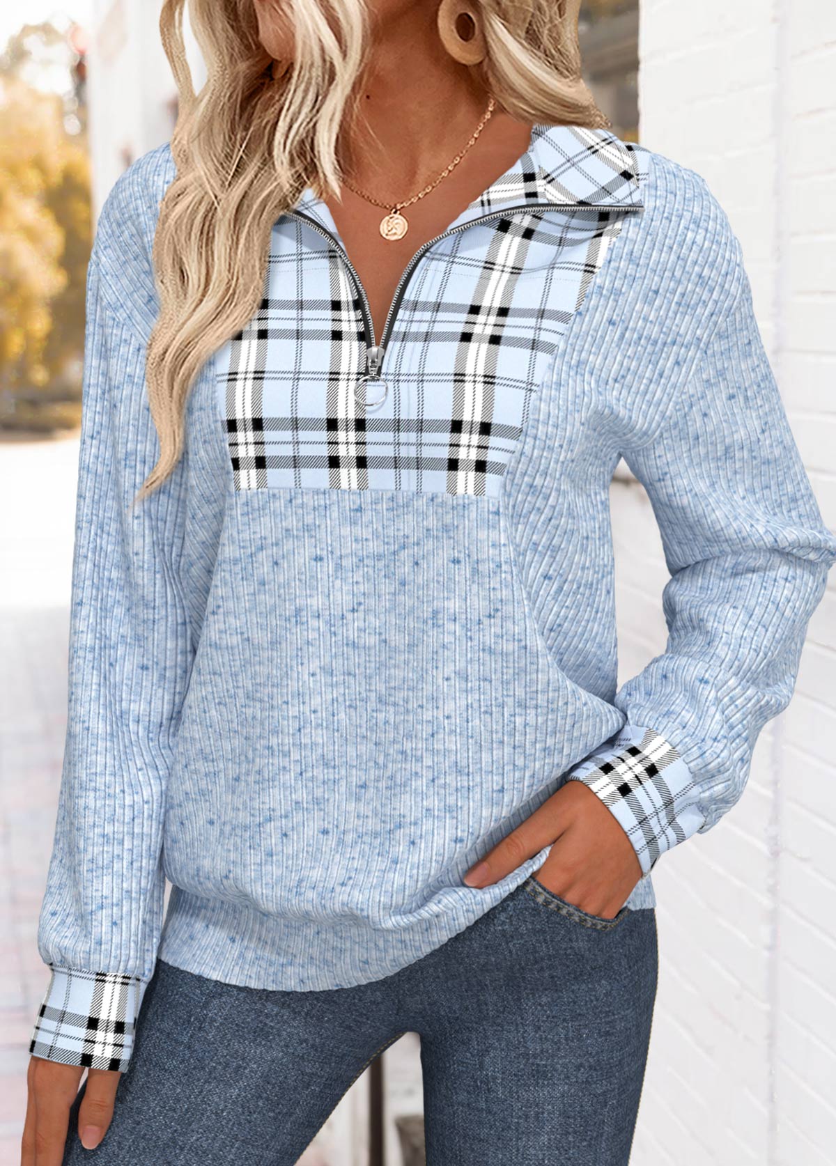Modlily Light Blue Plaid Long Sleeve Turn Down Collar Sweatshirt - S