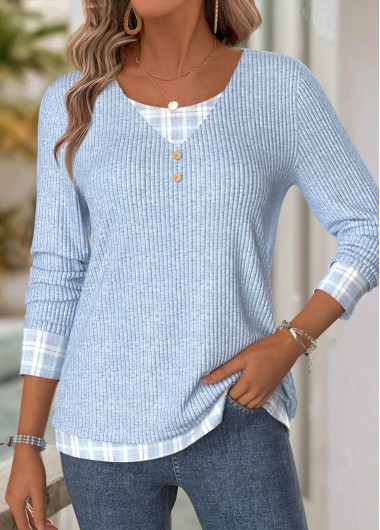 Modlily Light Blue Plaid Long Sleeve V Neck T Shirt - S