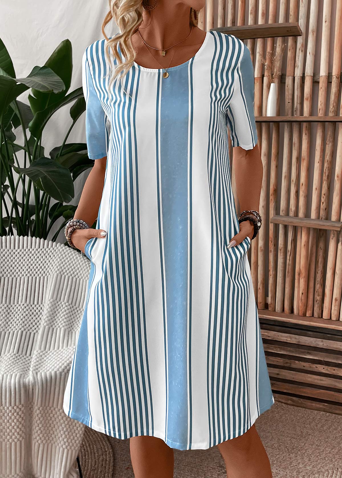 Modlily Light Blue Pocket Striped Short Sleeve Shift Dress - XL