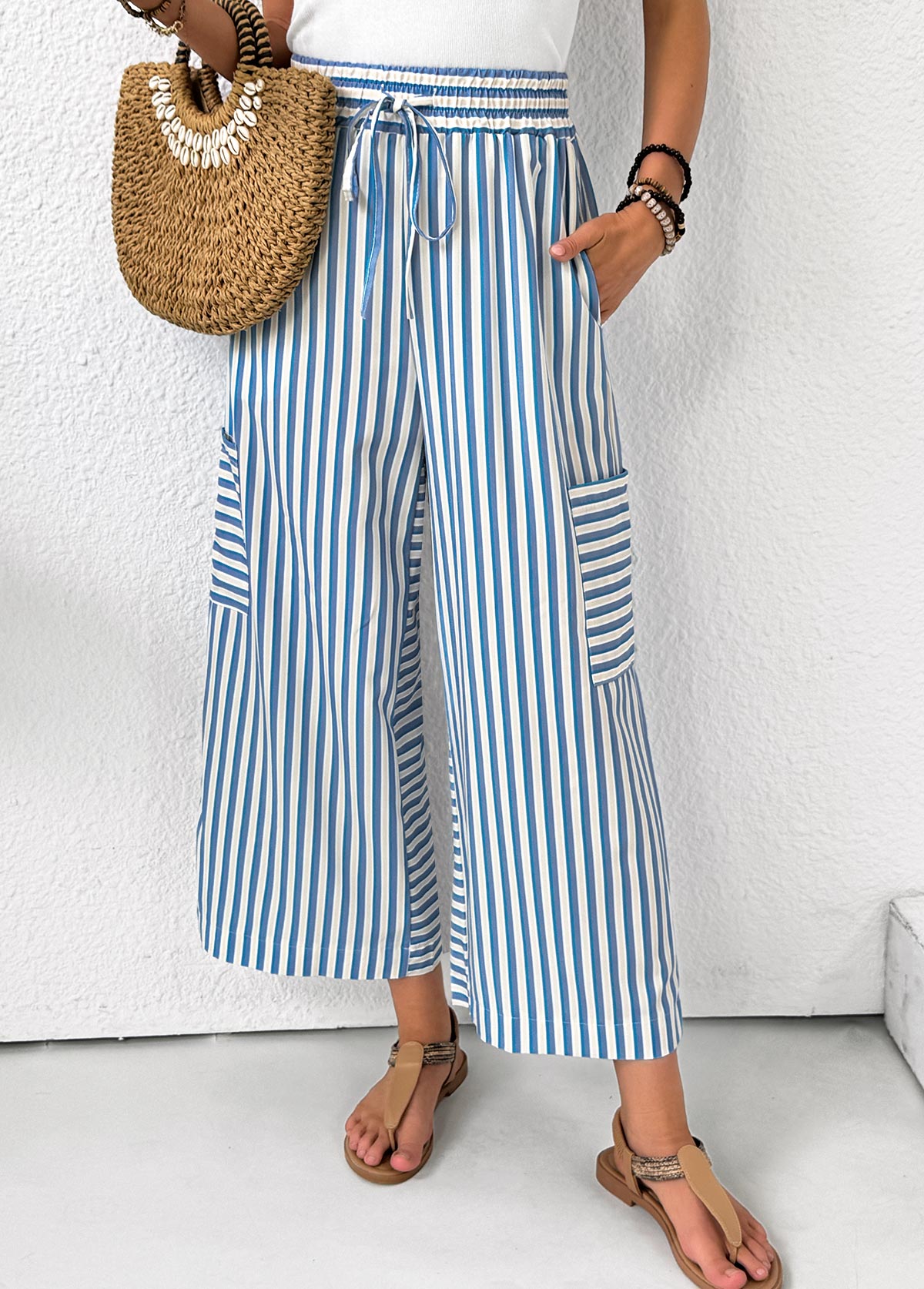 Modlily Light Blue Pocket Striped Wide Leg Elastic Waist Pants - M