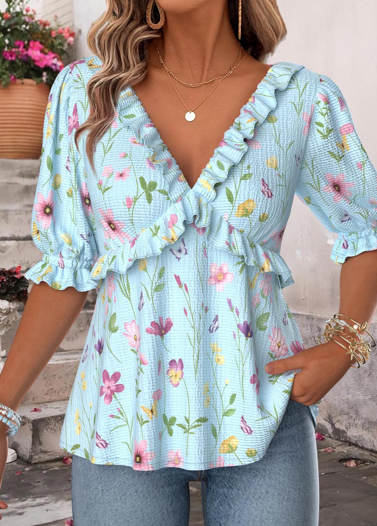Modlily Light Blue Ruffle Floral Print Half Sleeve Blouse - S