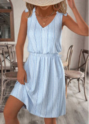 Modlily Light Blue Short Sleeveless V Neck Dress - S