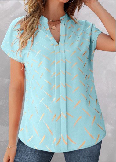 Modlily Light Blue Split Striped Short Sleeve Blouse - S