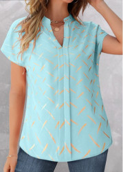 Modlily Light Blue Split Striped Short Sleeve Blouse - S