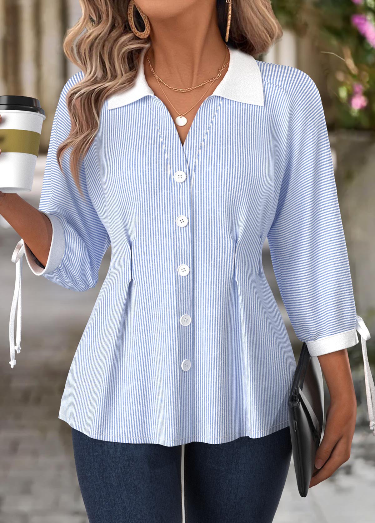 Modlily Light Blue Striped 3/4 Sleeve Turn Down Collar Blouse - M