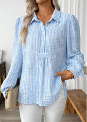 Modlily Light Blue Striped Long Sleeve Turn Down Collar Shirt - S