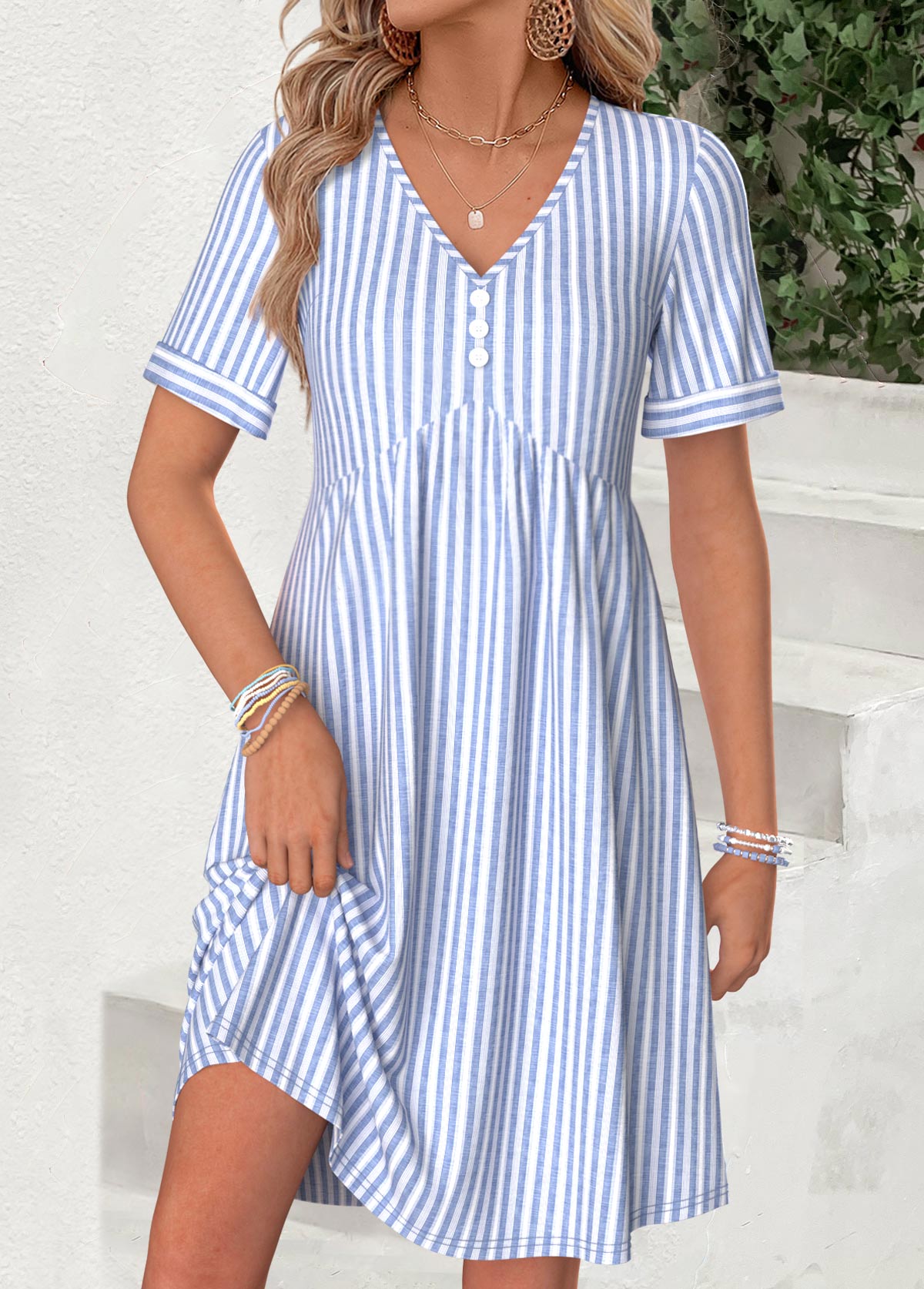 Modlily Light Blue Striped Short Shirred V Neck Button Dress - S
