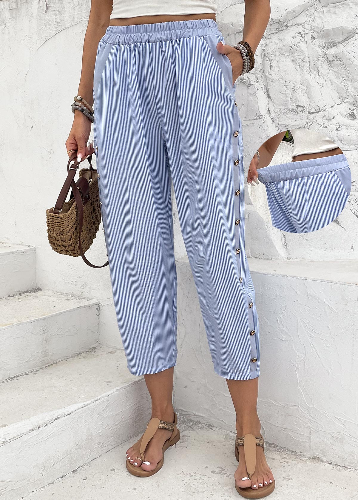 Modlily Light Blue Striped Straight Leg Elastic Waist Pants - M