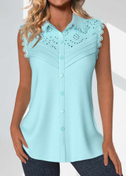 Modlily Light Blue Tuck Stitch Sleeveless Shirt Collar Tank Top - XL