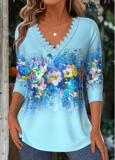 Modlily Light Blue Tummy Coverage Floral Print T Shirt - M