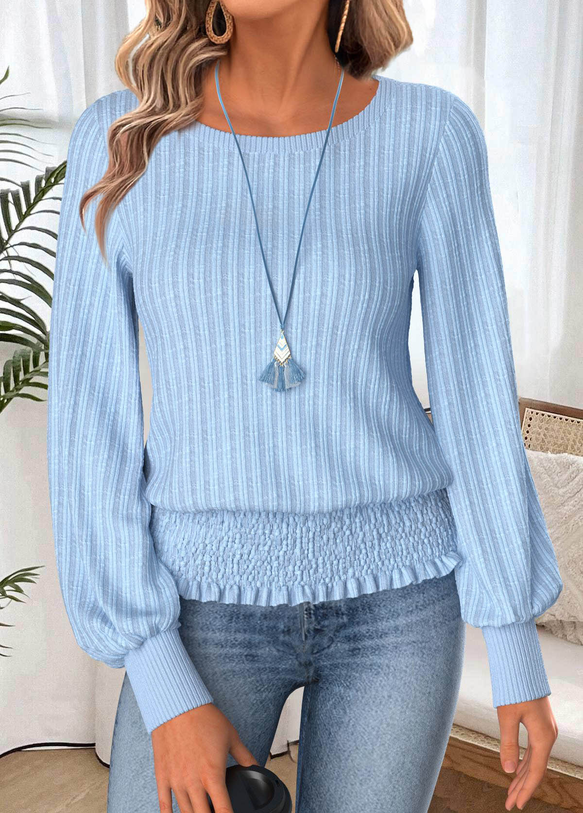 Modlily Light Blue Tummy Coverage Long Sleeve Smocked T Shirt - S
