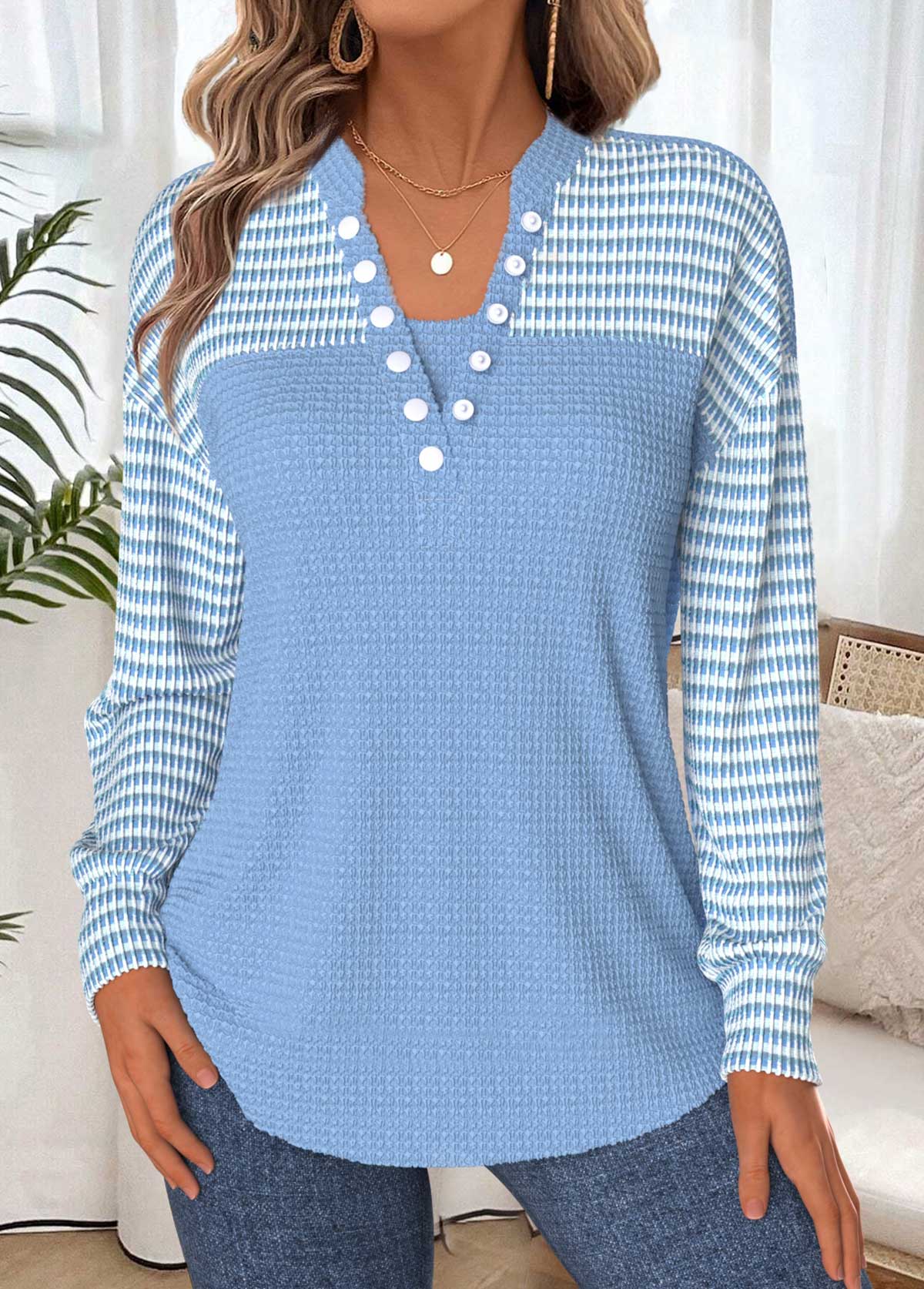 Modlily Light Blue Tummy Coverage Long Sleeve Split Neck Sweatshirt - L