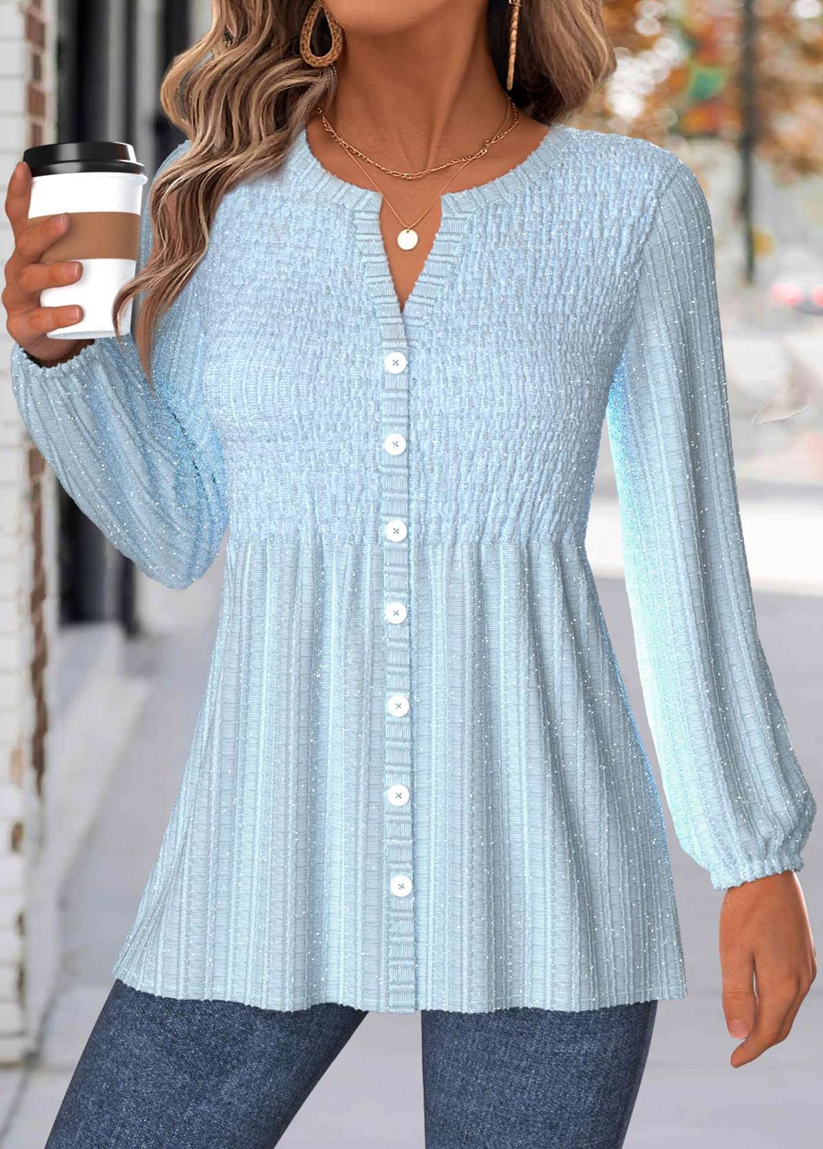 Modlily Light Blue Tummy Coverage Long Sleeve V Neck Blouse - S
