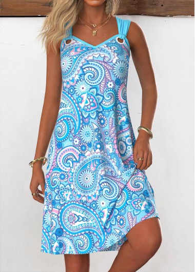 Modlily Light Blue Tummy Coverage Paisley Print Sleeveless Dress - M
