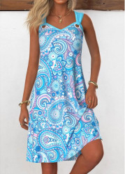 Modlily Light Blue Tummy Coverage Paisley Print Sleeveless Dress - M