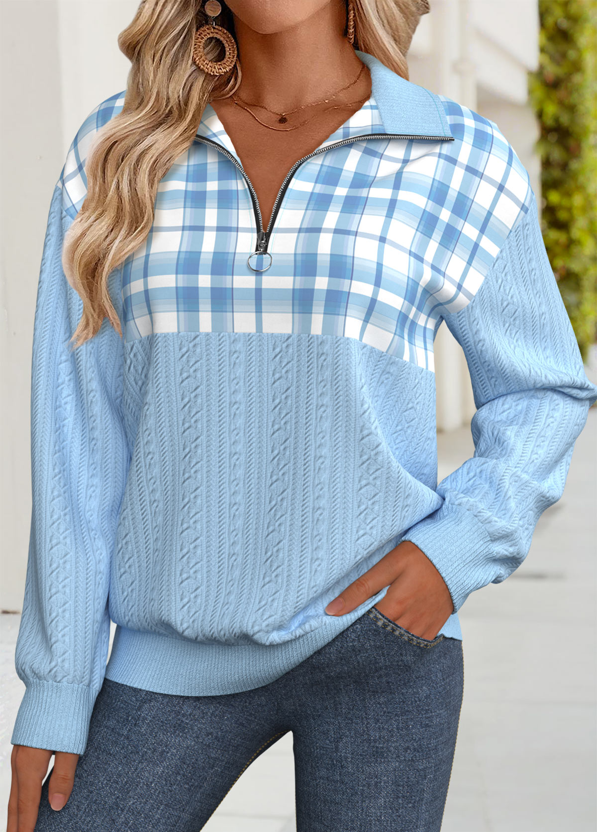 Modlily Light Blue Tummy Coverage Plaid Long Sleeve Patchwork Sweatshirt - M