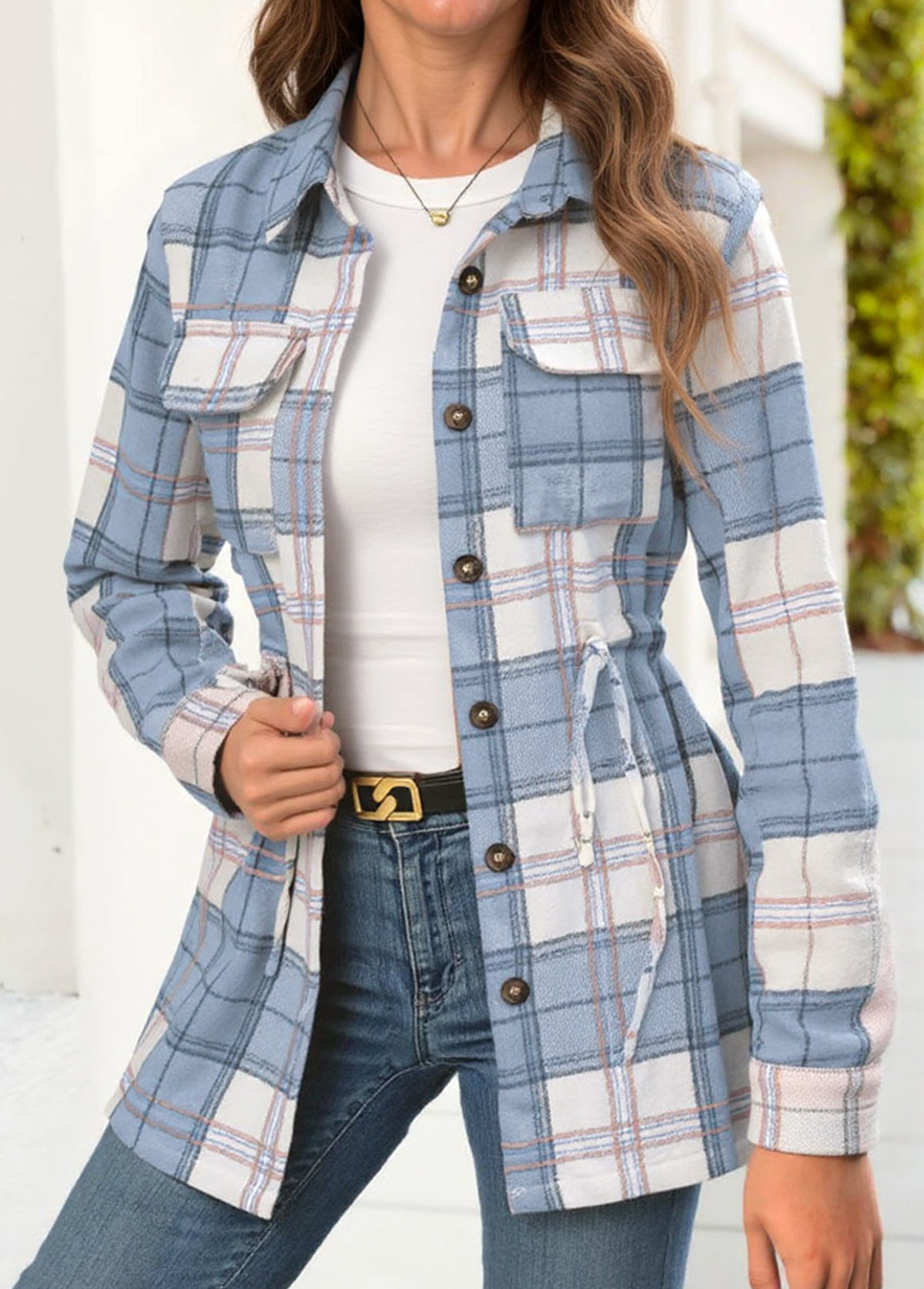 Modlily Light Blue Tummy Coverage Plaid Long Sleeve Shirt - M