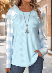 Modlily Light Blue Tummy Coverage Plaid Long Sleeve T Shirt - S