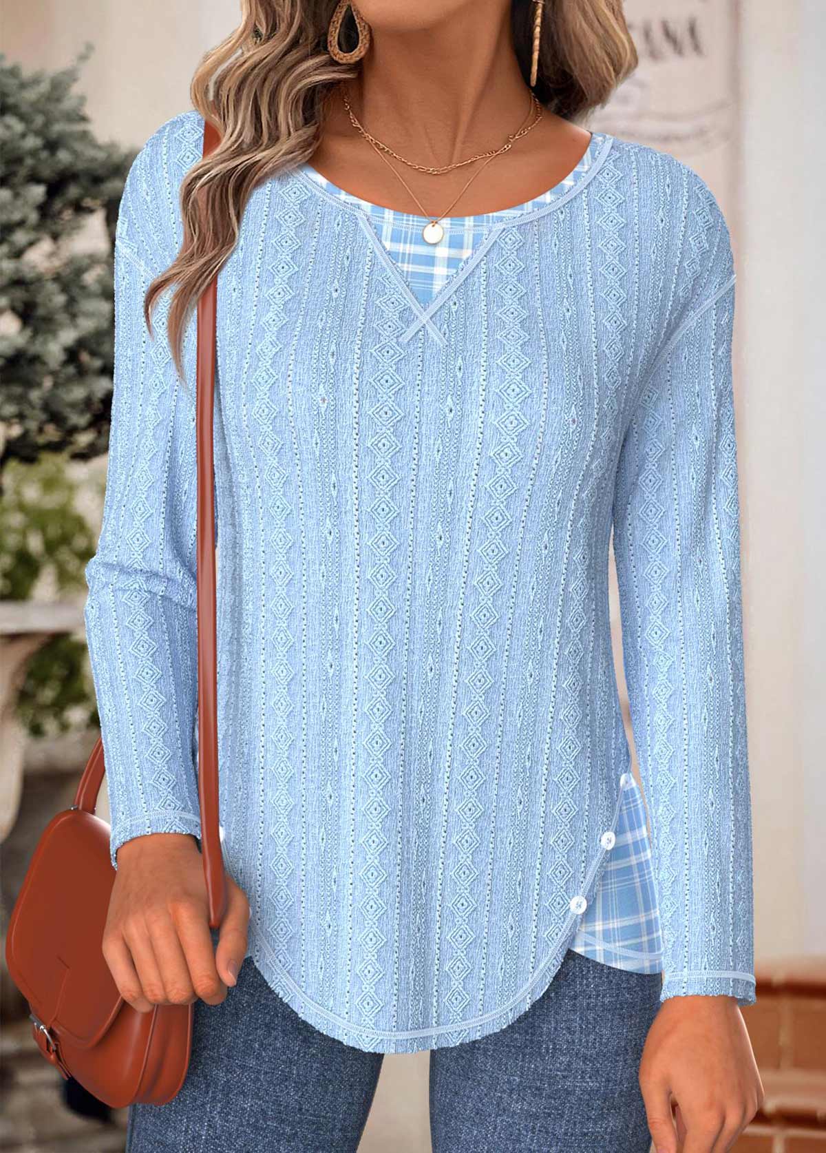 Modlily Light Blue Tummy Coverage Plaid Long Sleeve T Shirt - L
