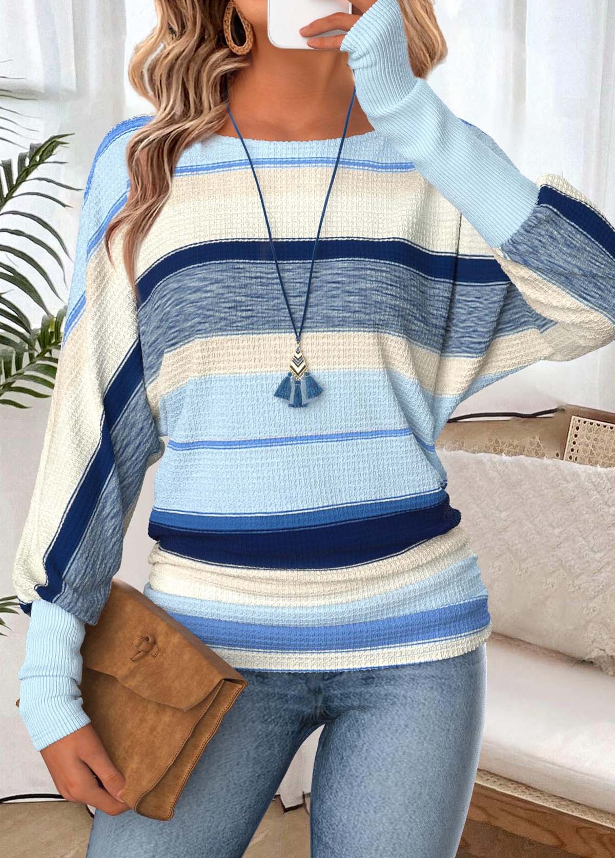 Modlily Light Blue Tummy Coverage Striped Long Sleeve T Shirt - M
