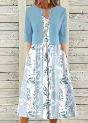 Modlily Light Blue Two Piece Leaf Print Dress and Cardigan - S