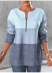 Modlily Light Blue Zipper Contrast Long Sleeve Sweatshirt - XL