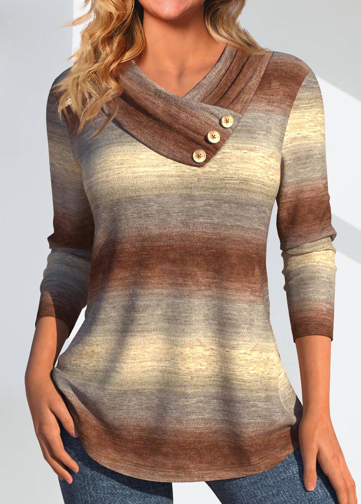 Modlily Light Camel Asymmetry Ombre Long Sleeve V Neck Sweatshirt - M