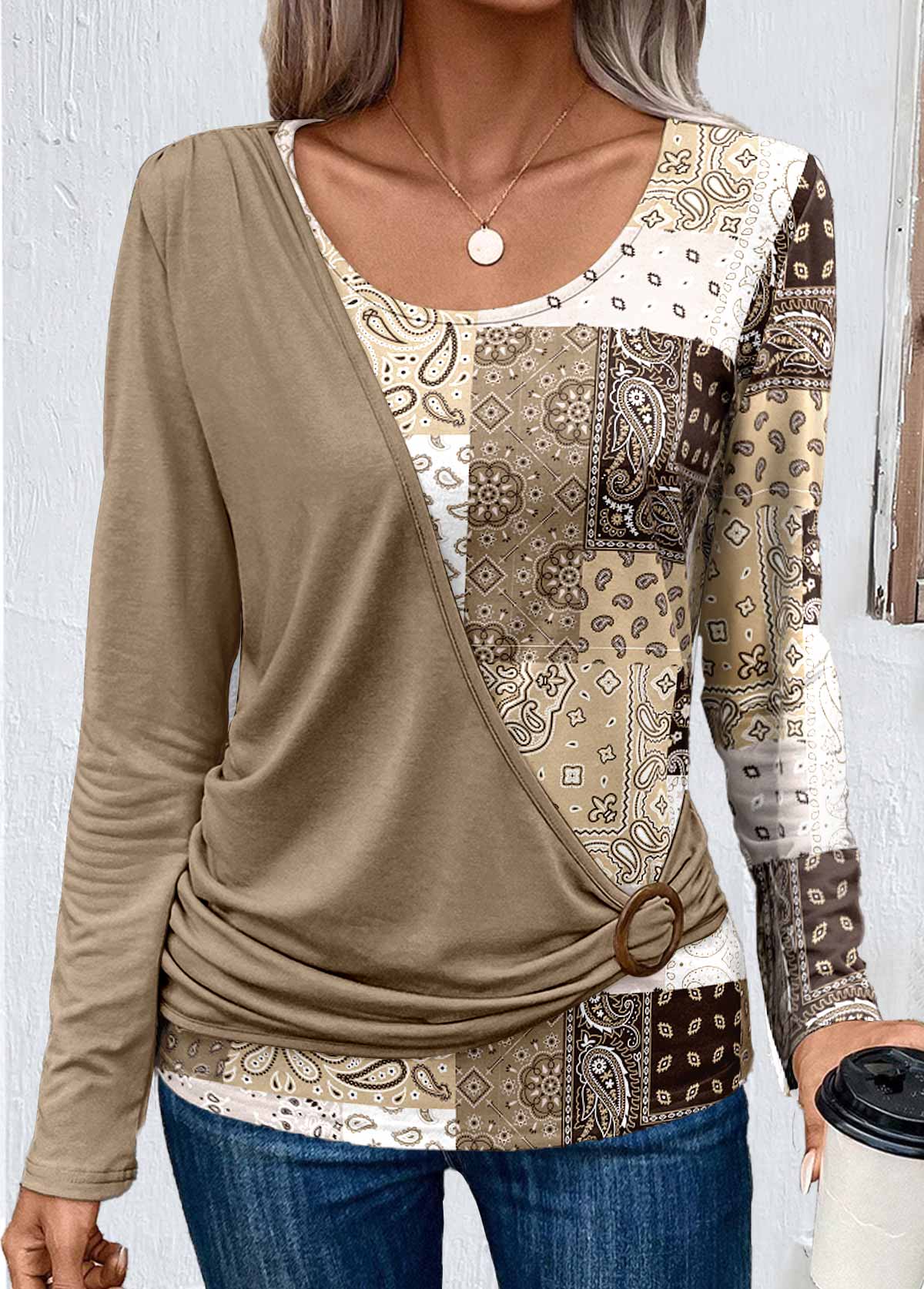 Modlily Light Camel Asymmetry Patchwork Long Sleeve T Shirt - M