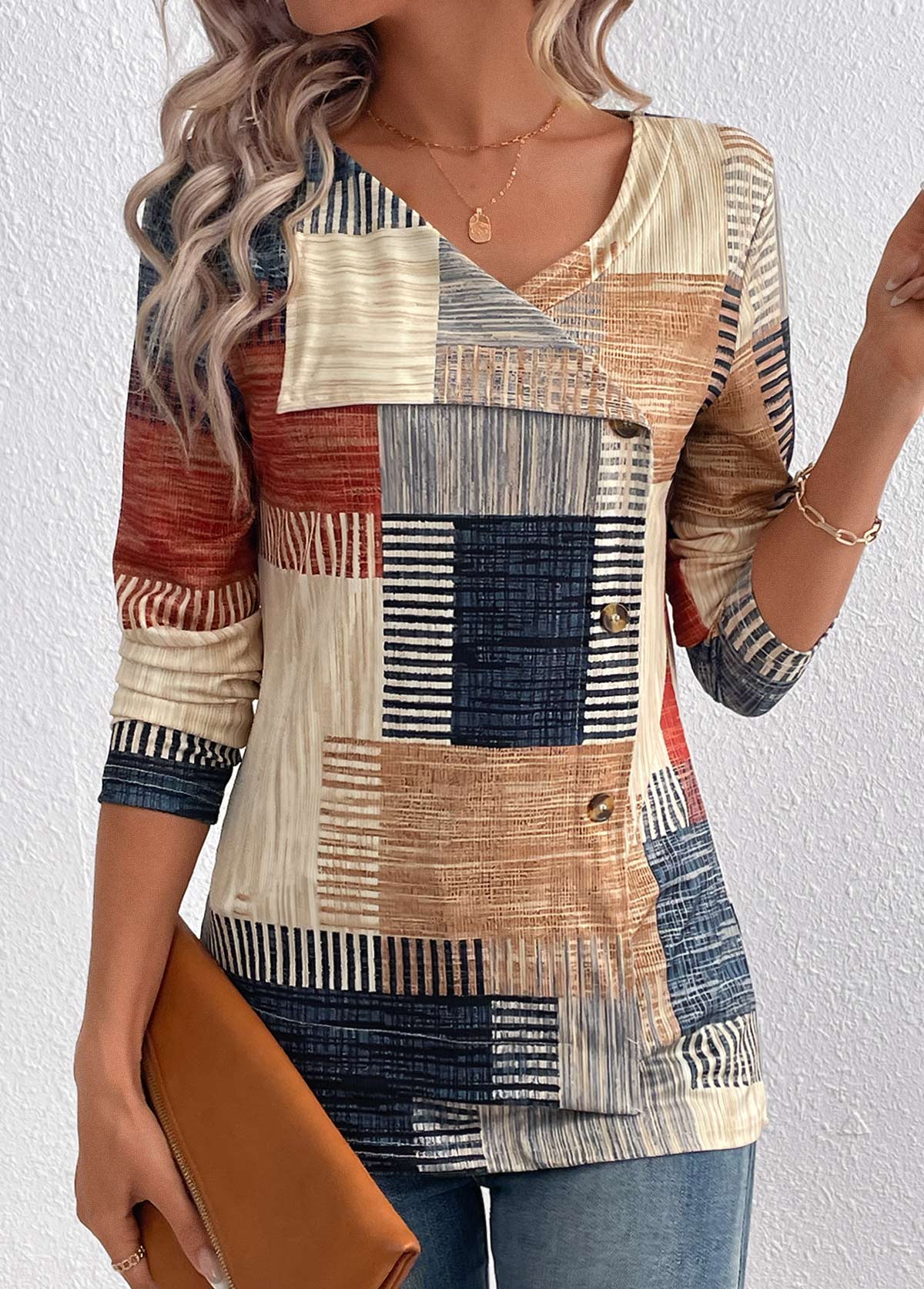 Modlily Light Camel Asymmetry Plaid Long Sleeve T Shirt - XL