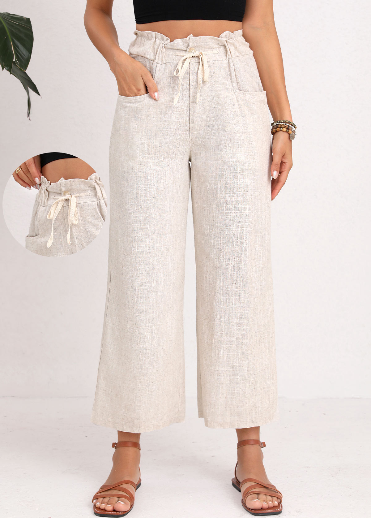 Modlily Light Camel Button Drawastring High Waisted Pants - L