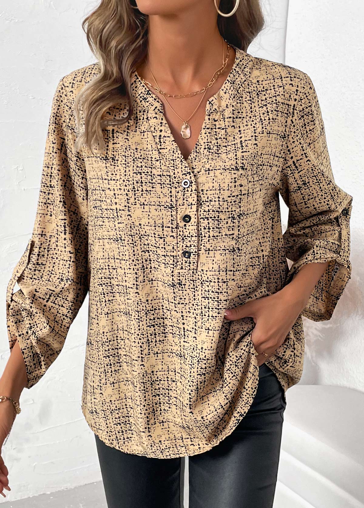 Modlily Light Camel Button Graffiti Print Long Sleeve Shirt - XXL