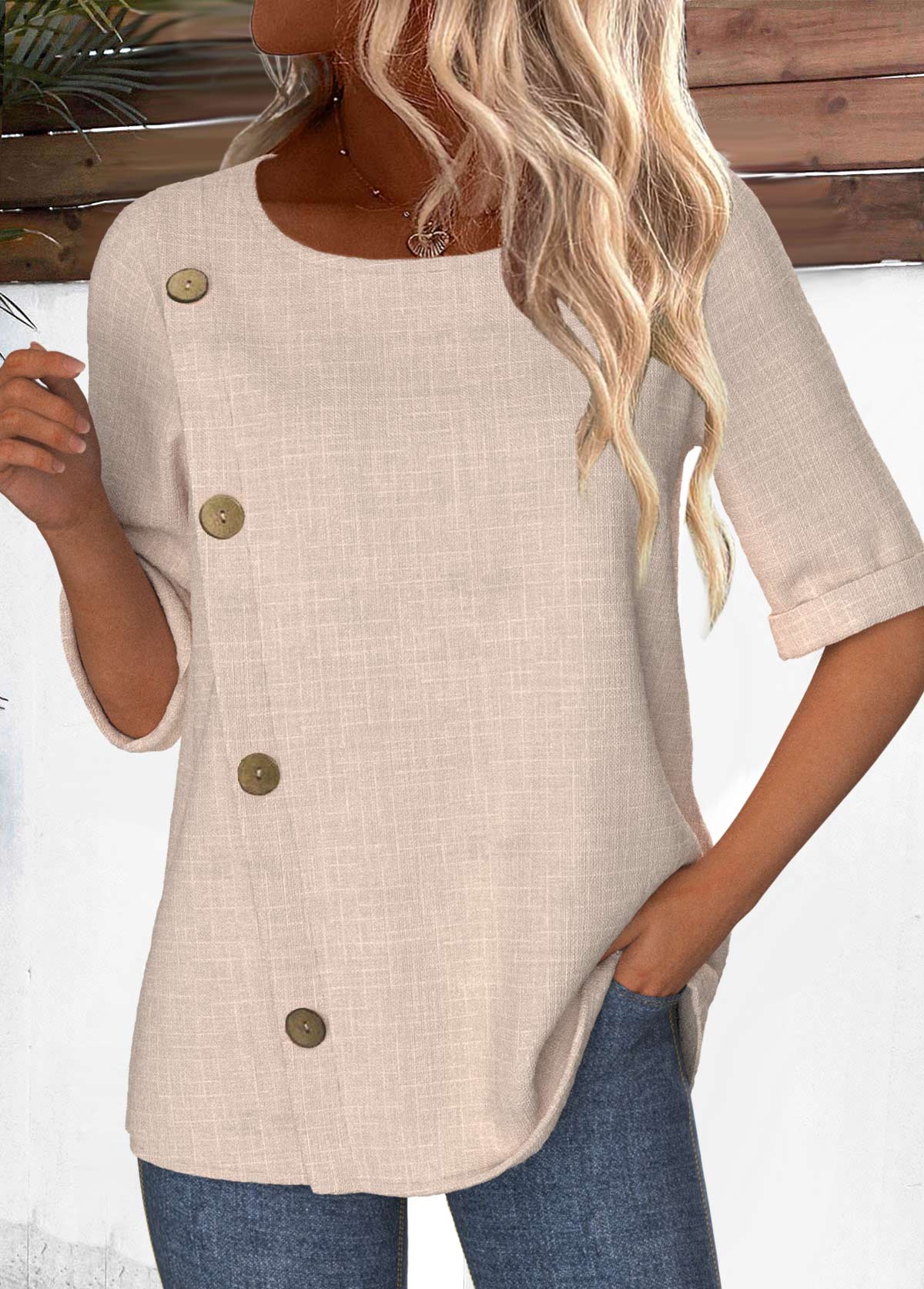 Modlily Light Camel Button Half Sleeve Round Neck Blouse - XL