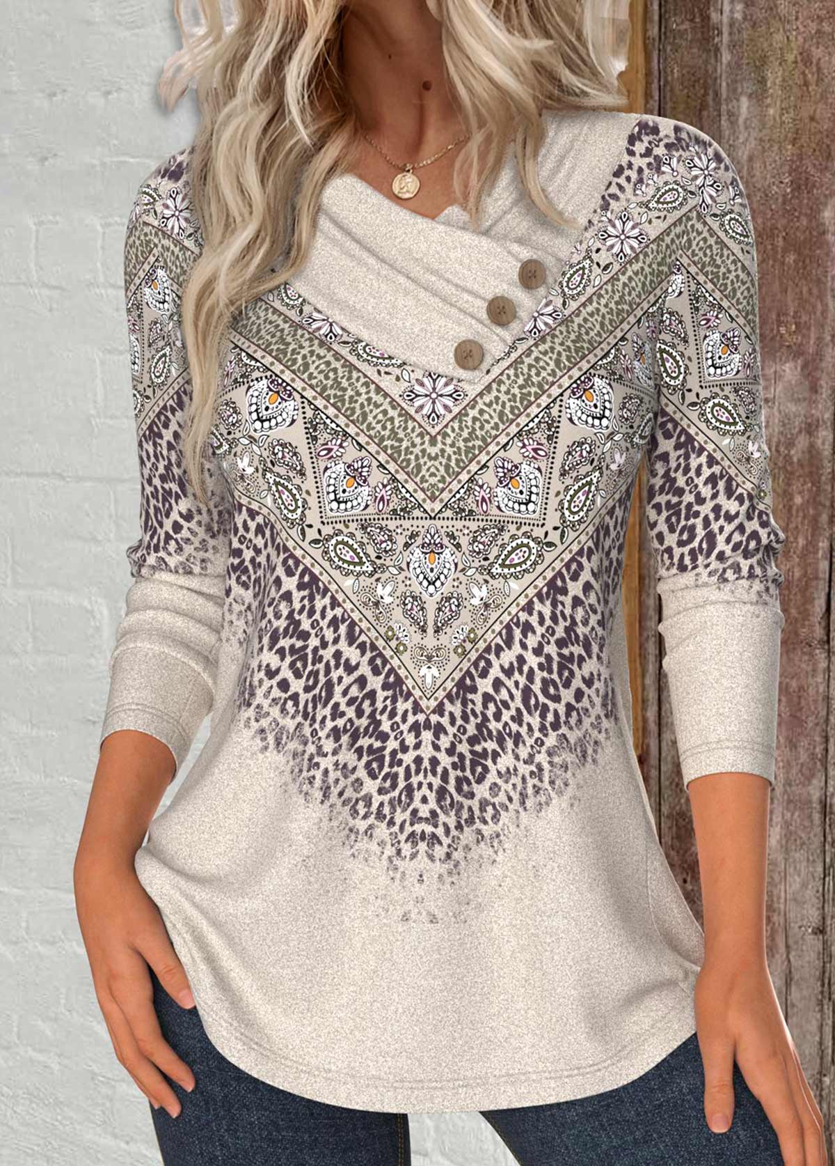 Modlily Light Camel Button Leopard Long Sleeve T Shirt - M