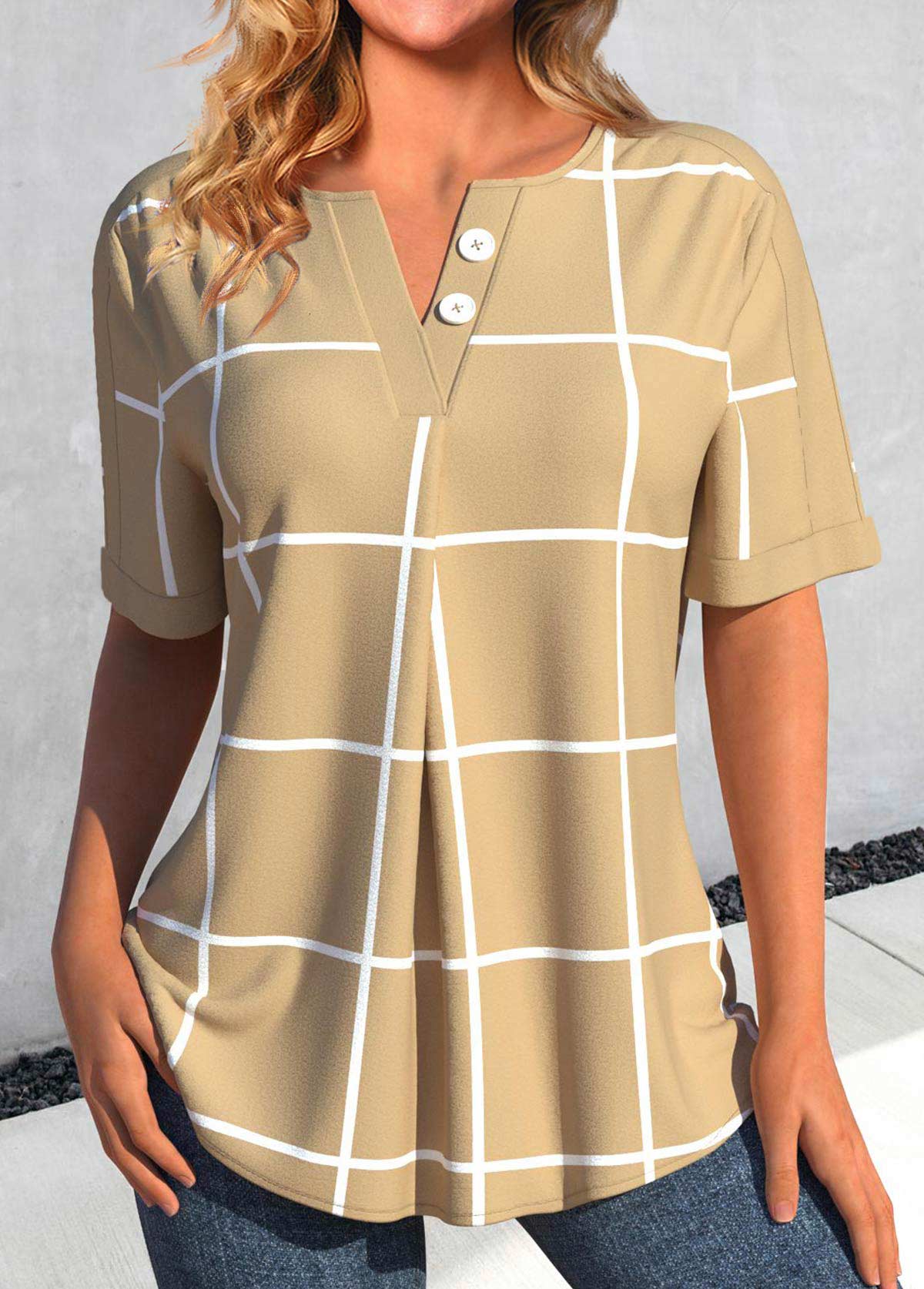 Modlily Light Camel Button Plaid Short Sleeve Split Neck Blouse - M