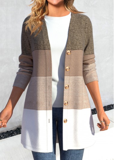 Modlily Light Camel Button Striped Long Sleeve Coat - L