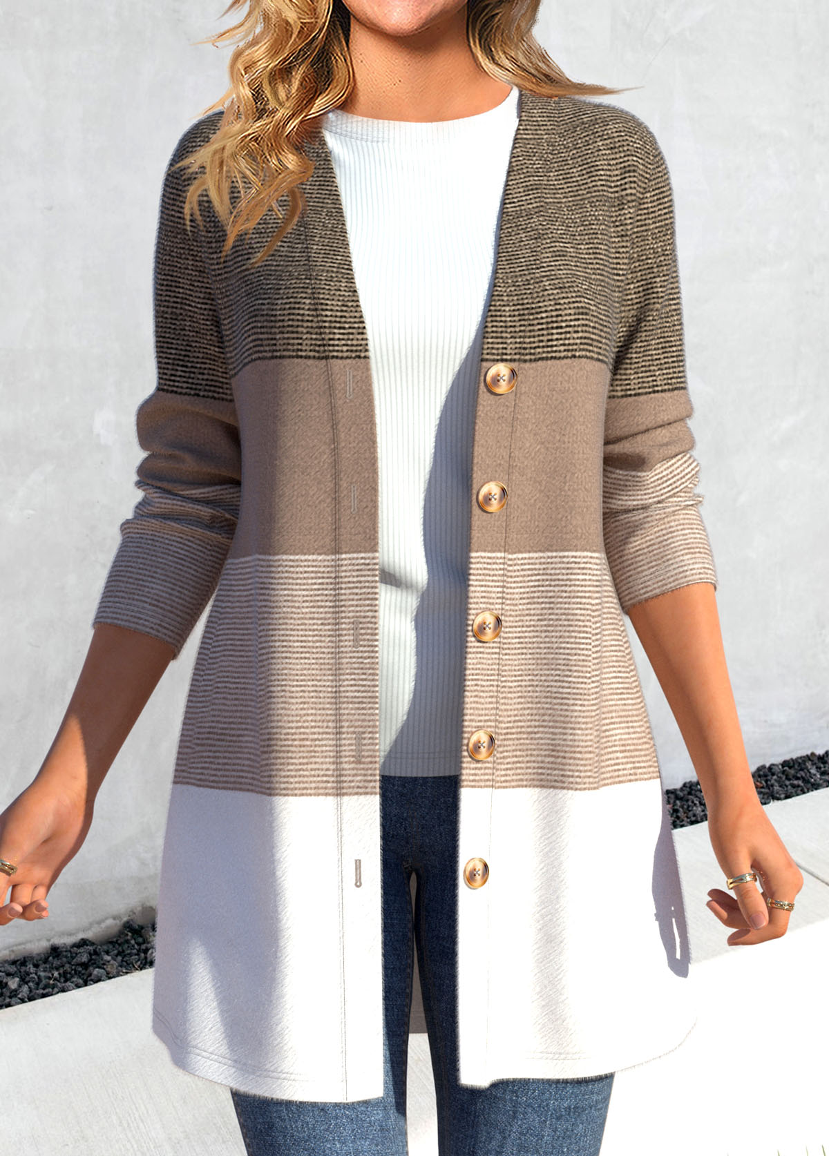 Modlily Light Camel Button Striped Long Sleeve Coat - XXL