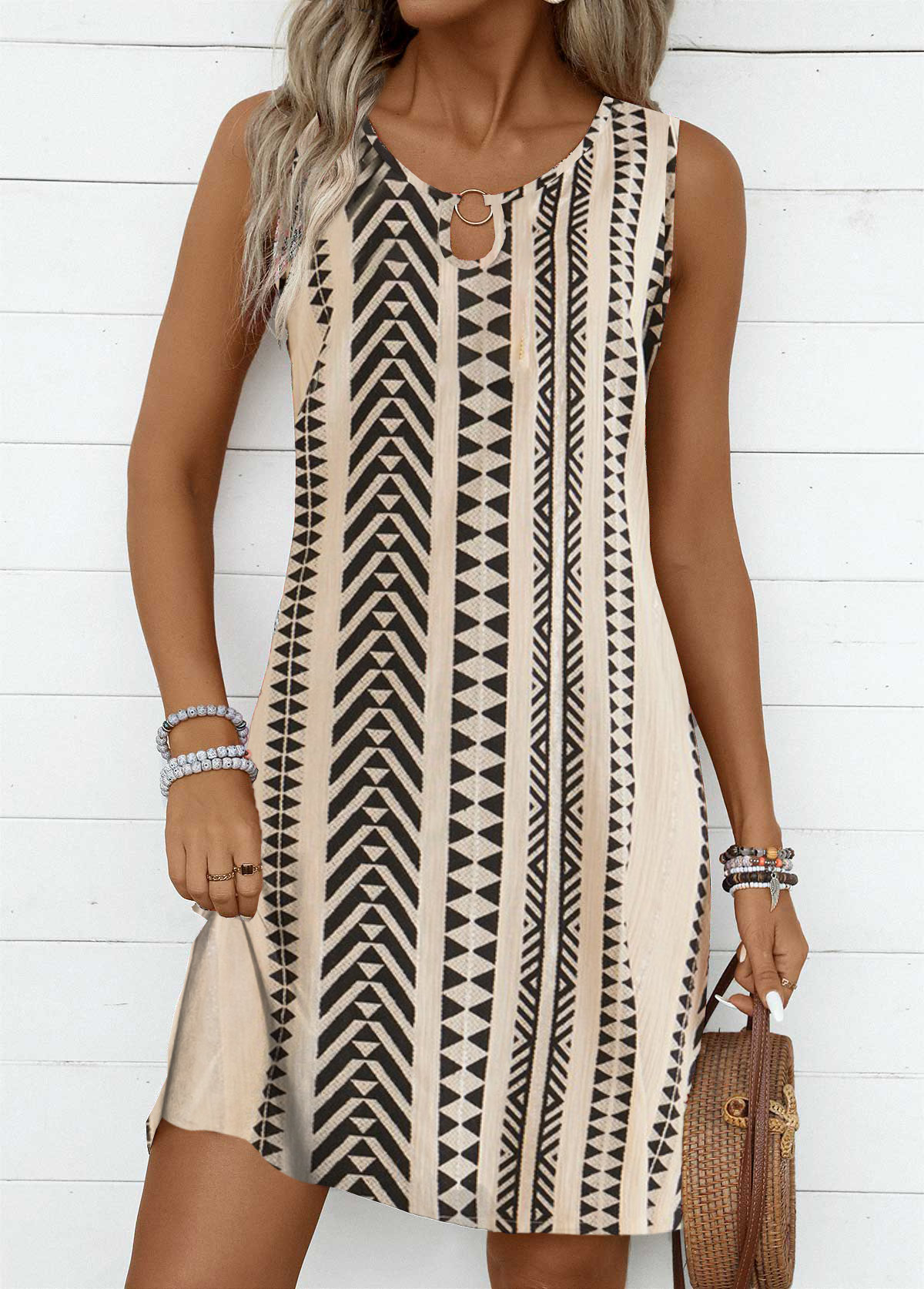Modlily Light Camel Circular Ring Striped A Line Sleeveless Dress - L