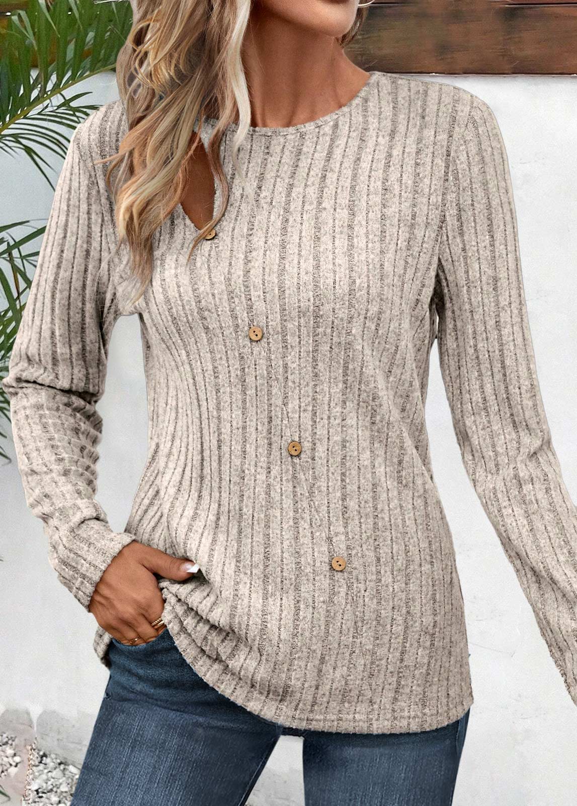Modlily Light Camel Cut Out Long Sleeve T Shirt - XL