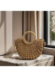Modlily Light Camel Drawstring Crossbody Straw Bag - One Size