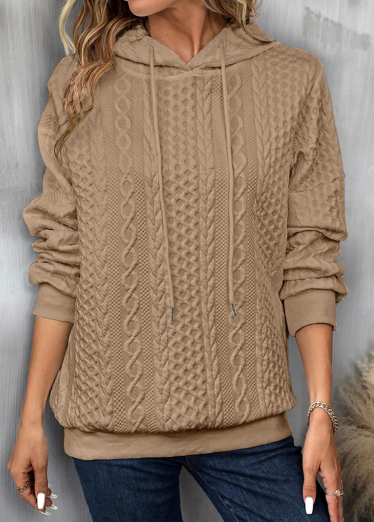 Modlily Light Camel Drawstring Long Sleeve Hoodie - L